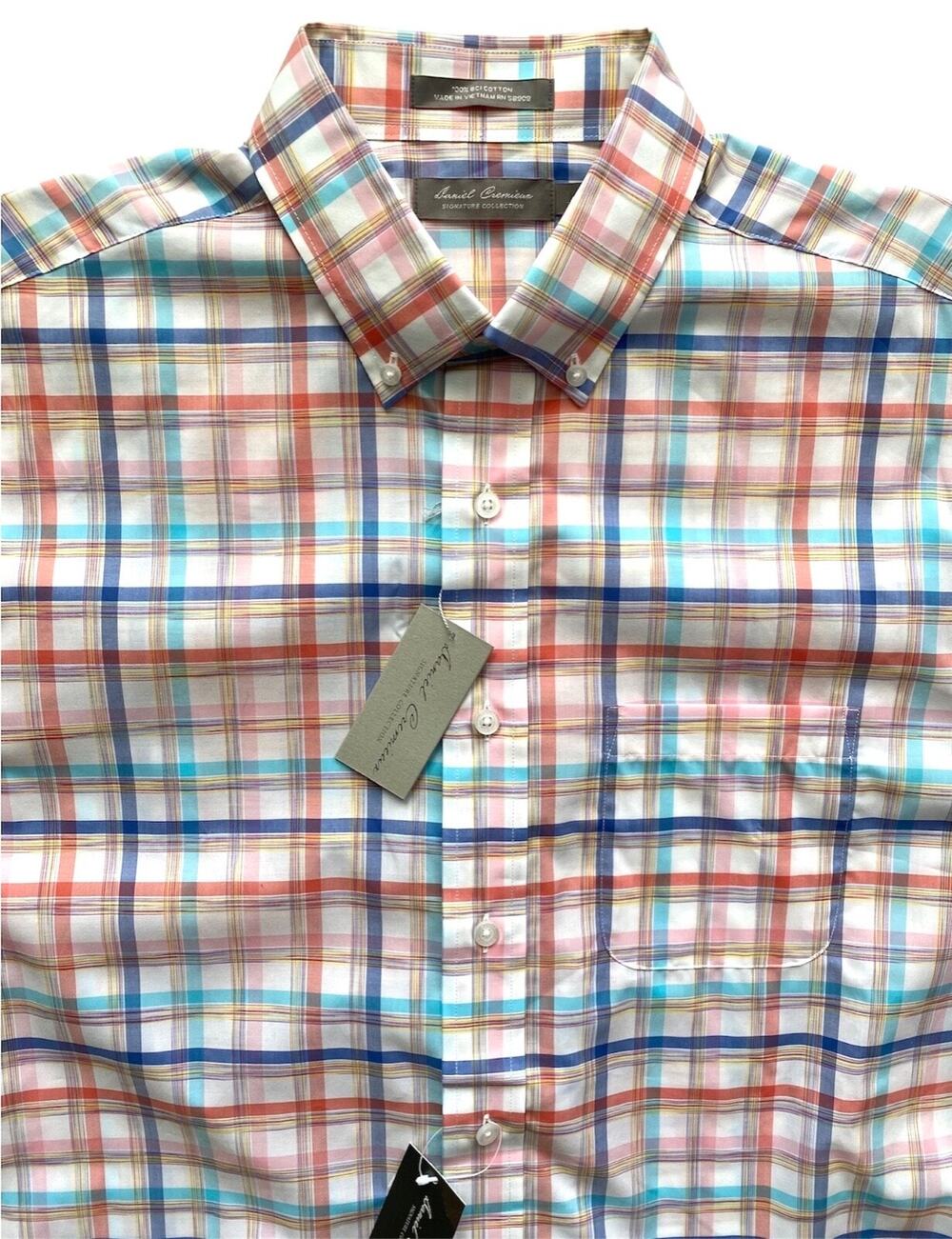 Daniel Cremieux Signature Shirt 100% Cotton Short Sleeve Coral Check Shirt L